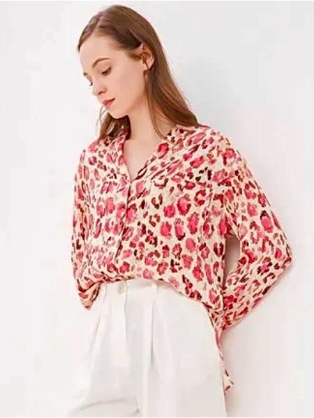MNG pink abstract leopard print shirt